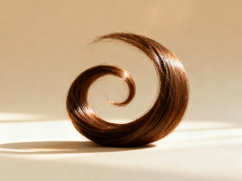 Zbliżenie na pojedynczy, kasztanowy włos ułożony w naturalną spiralę, podkreślające jego strukturę i połysk.