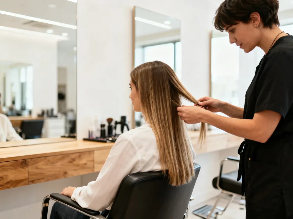 Client discussing a haircut for fine hair with a hairstylist