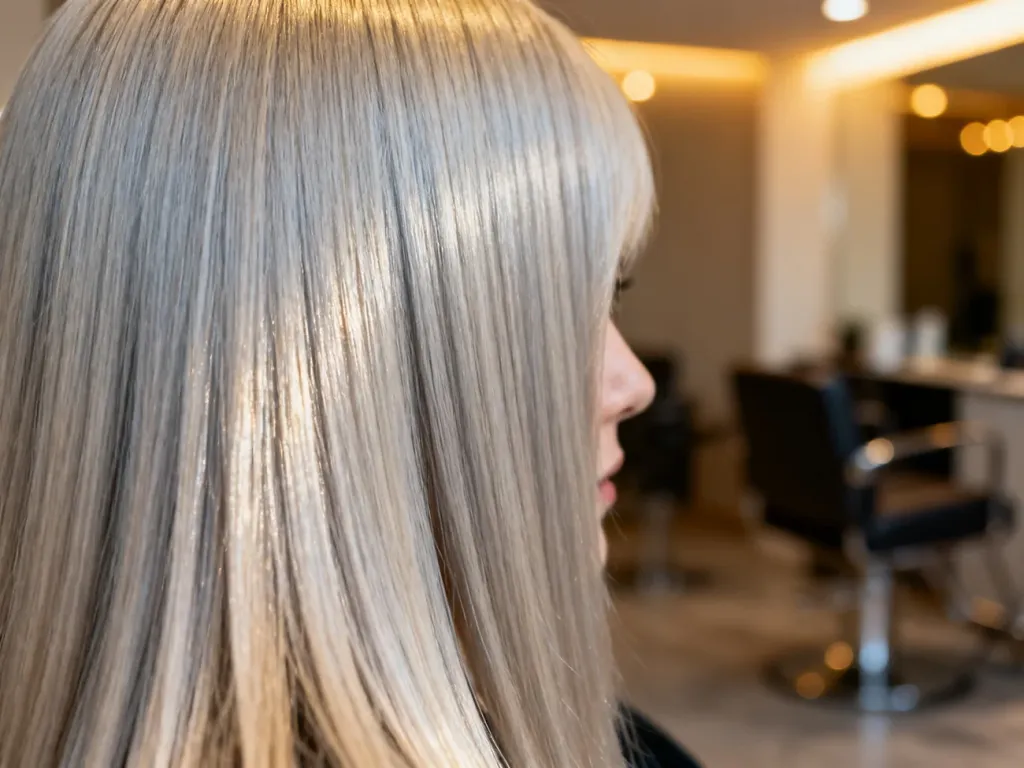 Zadbane, równomiernie rozjaśnione włosy w chłodnym odcieniu blondu po profesjonalnej korekcie koloru w salonie.