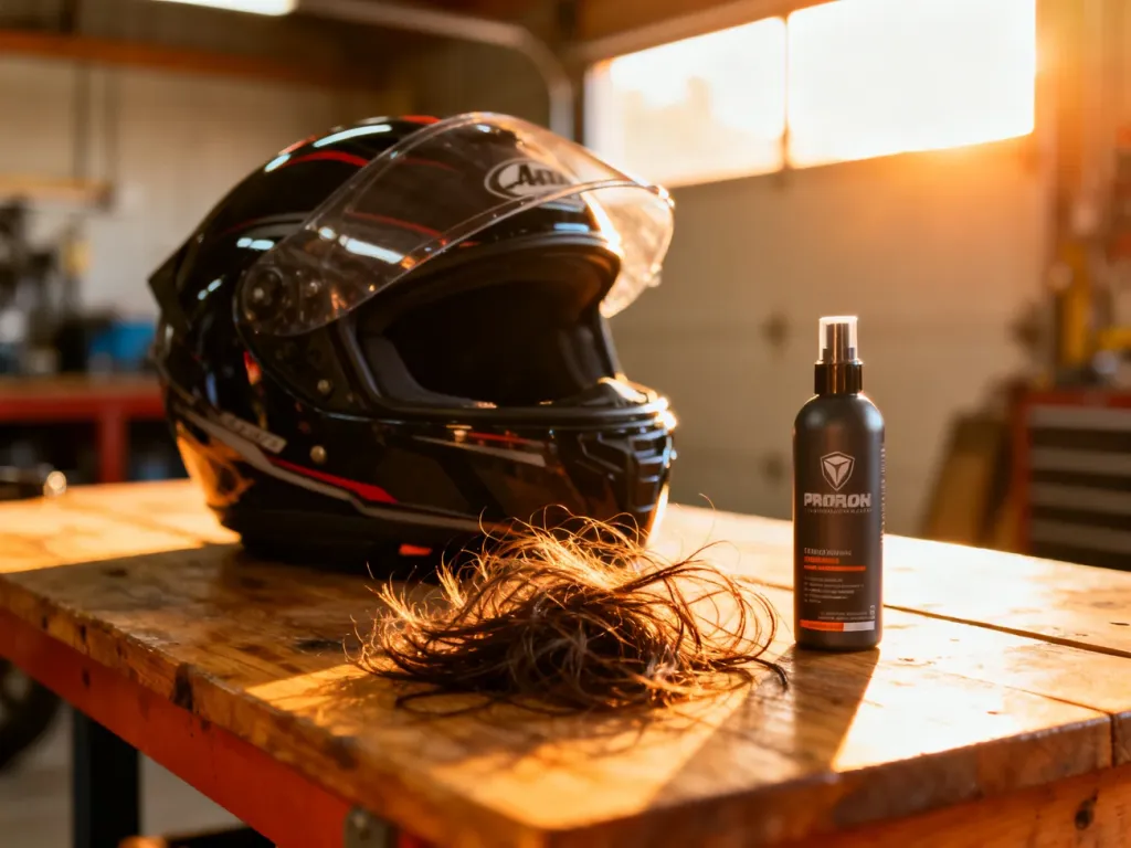 Kask motocyklowy na stole obok splątanych włosów i butelki z odżywką, ilustrujące problem pielęgnacji włosów po jeździe.